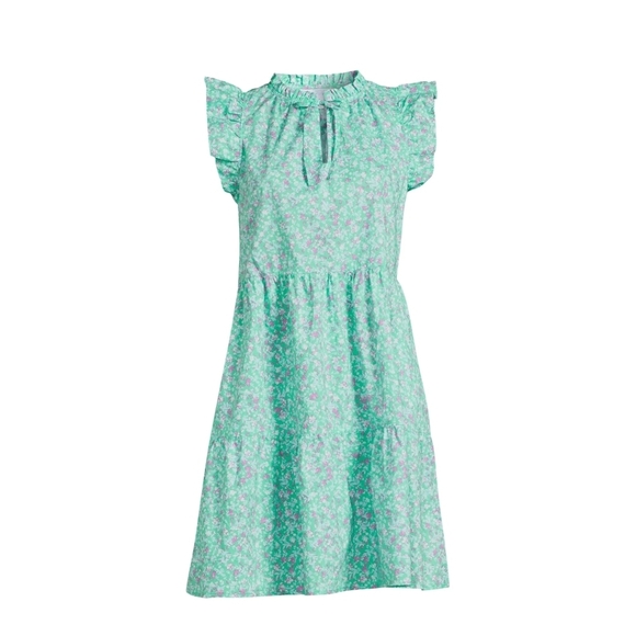 POPLIN Tiered Ruffled Jade Floral Print SUMMER Breeze DRESS Large 12/14 COTTON - Picture 1 of 5